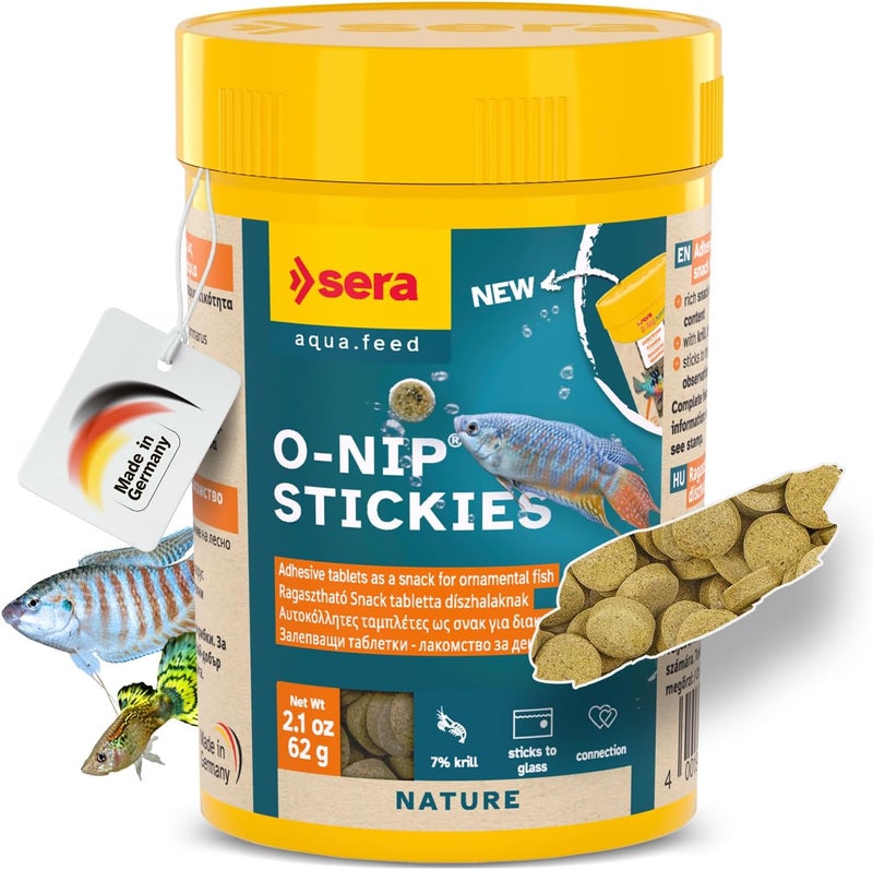 Sera O-Nip Stickies 100 Tabs 2.1 oz | Complete Feed for All Ornamental Fish | Adhesive Tablets Stick to The Aquarium Glass | High Protein | No Dyes & Preservatives | with Bloodworms, Krill & Tubifex - Image 1